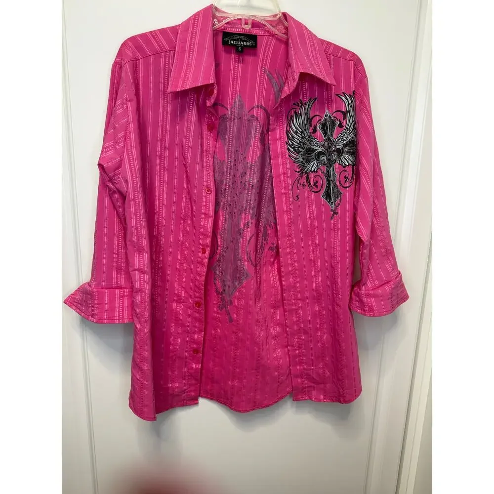 Jaguarrs small vintage hot pink button down 3/4 sleeves cross wings bejeweled